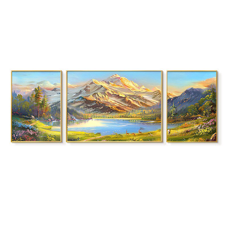 山水画靠山图客厅装饰画手绘油画沙发背景墙挂画2026新款三联壁画