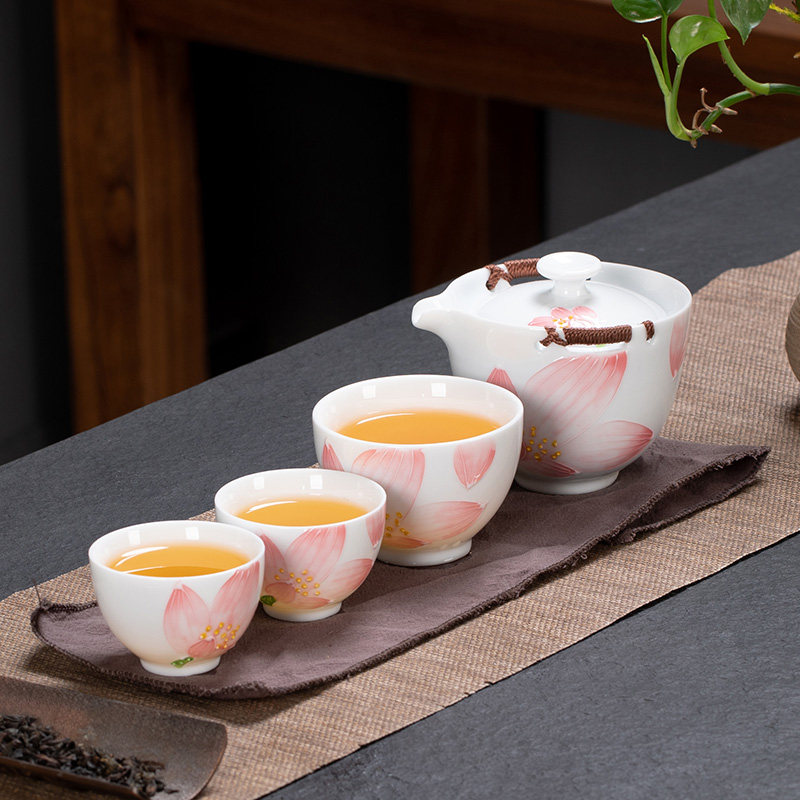 纯手绘荷花莲藕旅行茶具套装户外泡茶快客杯陶瓷一壶三杯便携式包