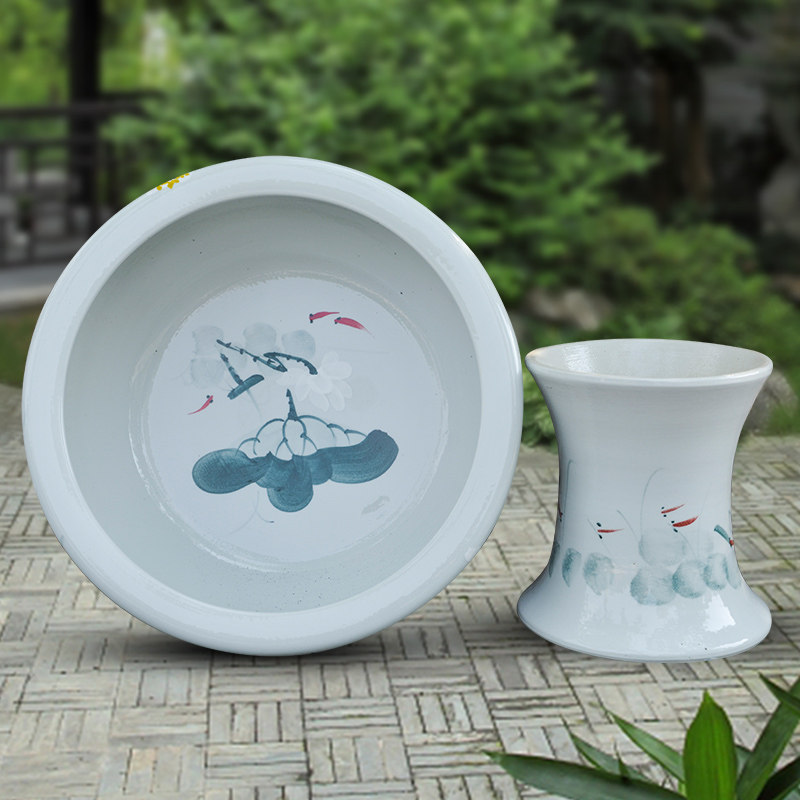 包邮景德镇陶瓷鱼缸带瓷器底座花盆立柱式金鱼缸睡莲碗莲鱼缸