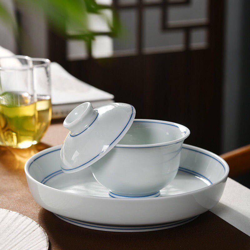 成艺陶瓷草木青4入悬停盖碗主人杯对杯陶瓷功夫茶具中国白品茗杯