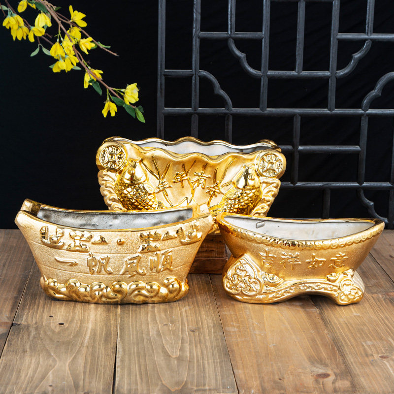 土豪金金色陶瓷花盆客厅办公鲜花干花发财树花盆