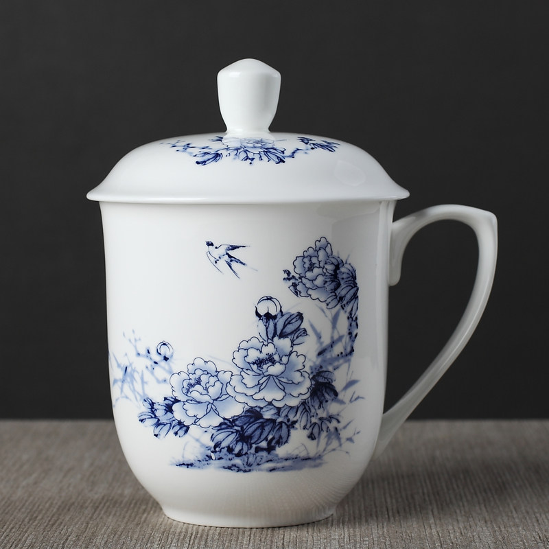 景德镇陶瓷杯带盖大容量特大号骨质瓷办公茶杯家用霸王杯礼品水杯