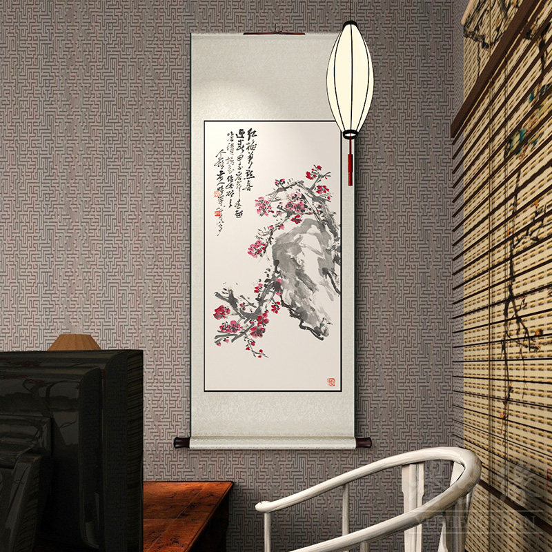 中式卷轴挂画竖版玄关走廊过道装饰画餐厅书房背景墙壁画花鸟国画