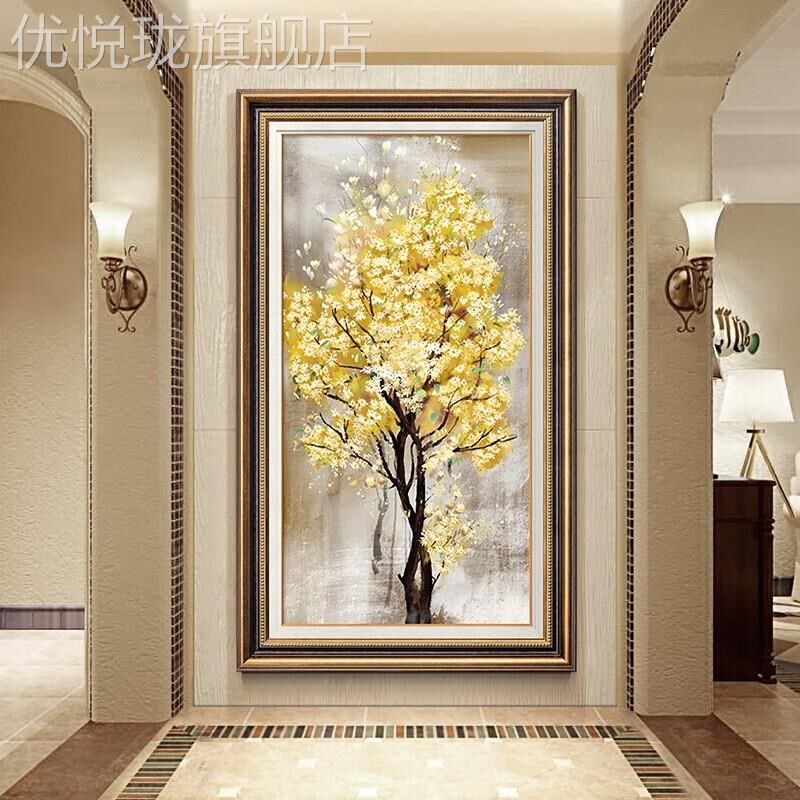定做美轻式玄关装饰画发财树奢进门入户走现廊壁画代竖版高档过道