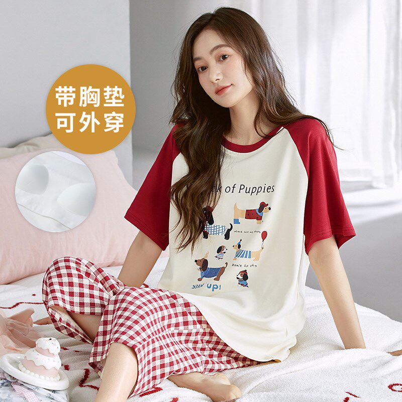 夏季短袖大码睡衣套装格子自带胸垫一体七分裤家居服宽松春秋运动图片