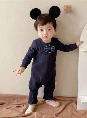 新生婴儿衣服春秋季长袖连体衣男女宝宝多色领结哈衣坑条三角爬服