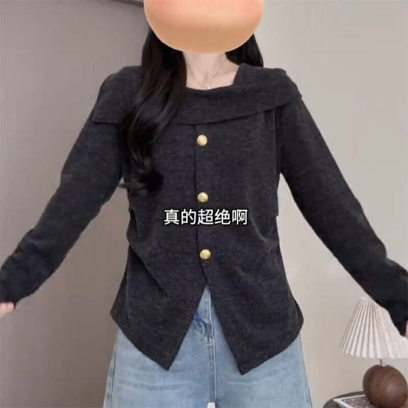 大码胖mm法式复古不规则方领长毛针织衫