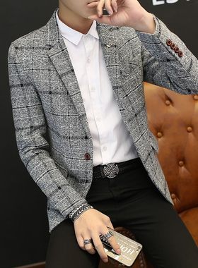 西装男版秋款毛呢格子西服男士时尚休闲便西青年修身单西男装外套