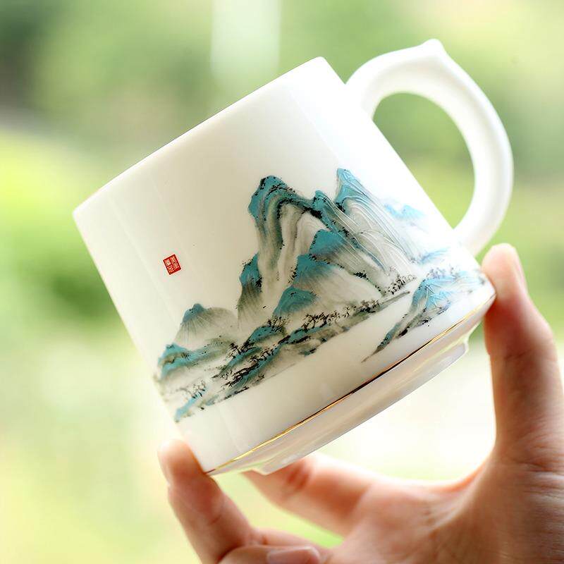 唐舍 羊脂玉瓷办公杯千里江山会议杯子高端陶瓷老板泡茶水杯礼品