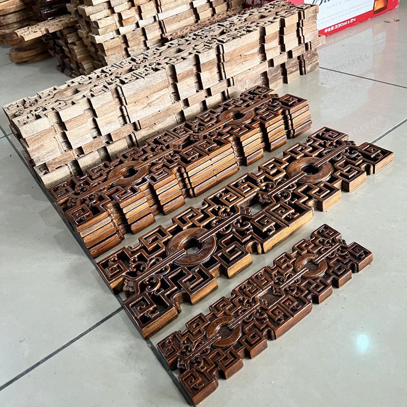 东阳木雕线条角花中式实木吊顶贴脚线香樟木镂空雕刻长方形工艺品