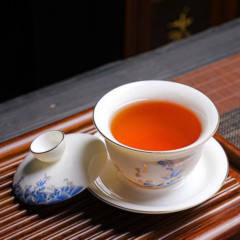 羊脂玉年年有余海浪套组三才盖碗公道杯家用送礼品茗杯茶滤礼盒装