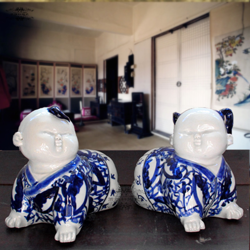 手做瓷 景德镇青花雕塑陶瓷娃娃一对新中式家居饰品摆件结婚礼物
