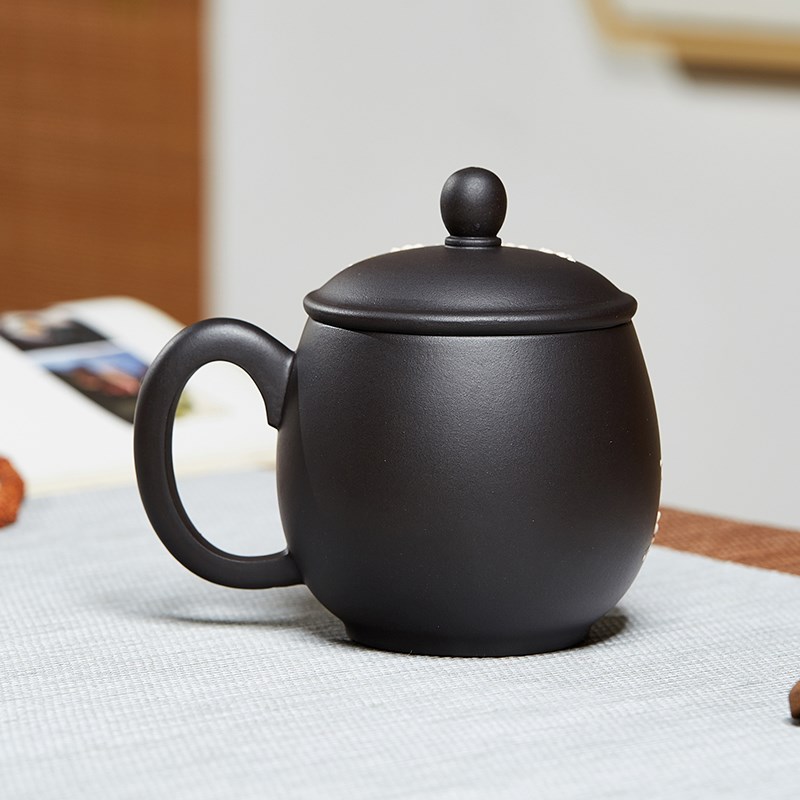 宜兴紫砂杯堆绘花鸟变色梅花盖杯个人专用石黄泡茶杯功夫茶具家用