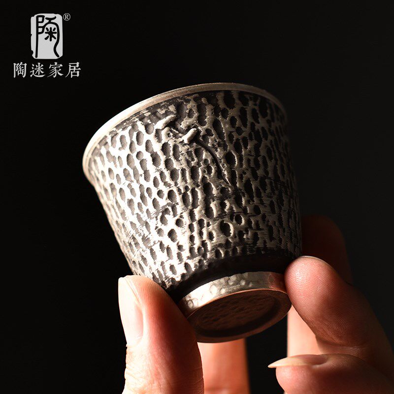 陶迷务灰银彩茶壶手工锤纹鎏银茶具高档复古盖碗家用泡茶杯礼盒装