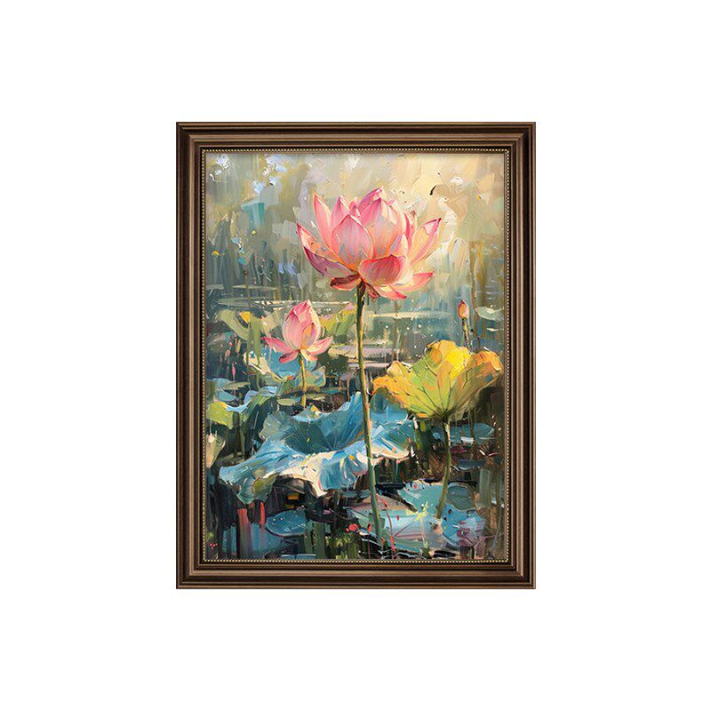 纯手绘油画荷花玄关装饰画欧式复古餐厅风景挂画高级感睡莲壁画
