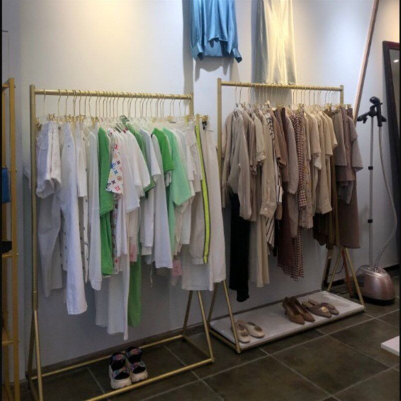 服装店展示架落地式组合金色衣架杆男女装货架银色侧挂架衣服架子