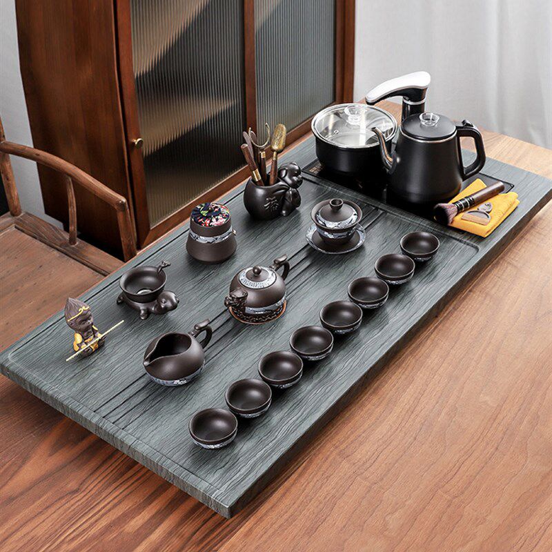 整套茶具套装家用功夫茶海木纹石茶盘乌金石泡茶台客厅全自动一体