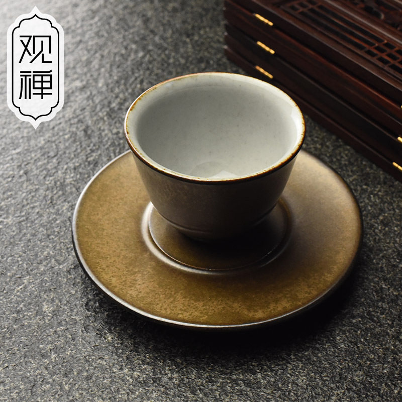 观禅 景德镇手工粗陶品茗杯一杯一碟套杯 陶瓷茶盏 功夫茶小茶杯