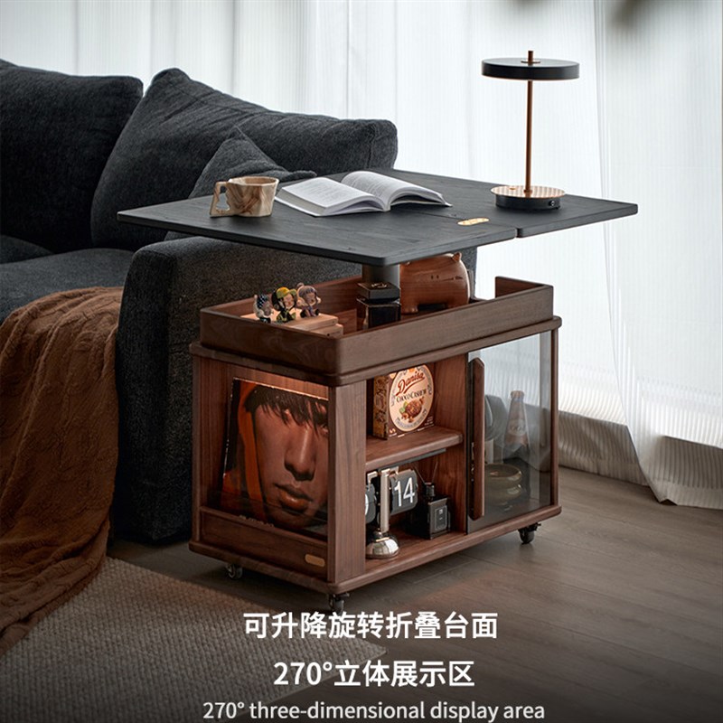 色格翻转边几实木可移动茶几黑胡桃木小推车餐桌两用边几沙发茶桌