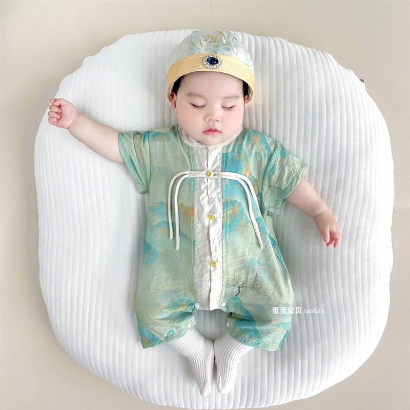 中式婴儿衣服男宝宝夏装连体满月百天一周岁礼服抓周夏季薄款夏天图片