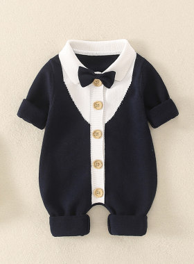 婴儿衣服秋冬毛衣绅士英伦风爬服男宝宝满月帅气连身衣针织套装潮