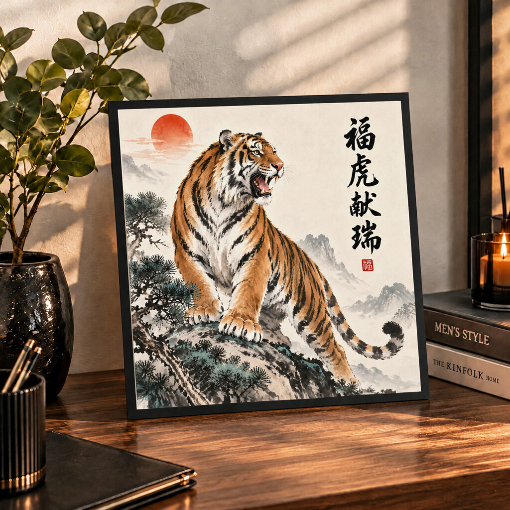 新中式福虎献瑞装饰摆台红日松韵国风老虎家居桌面玄关字画摆件