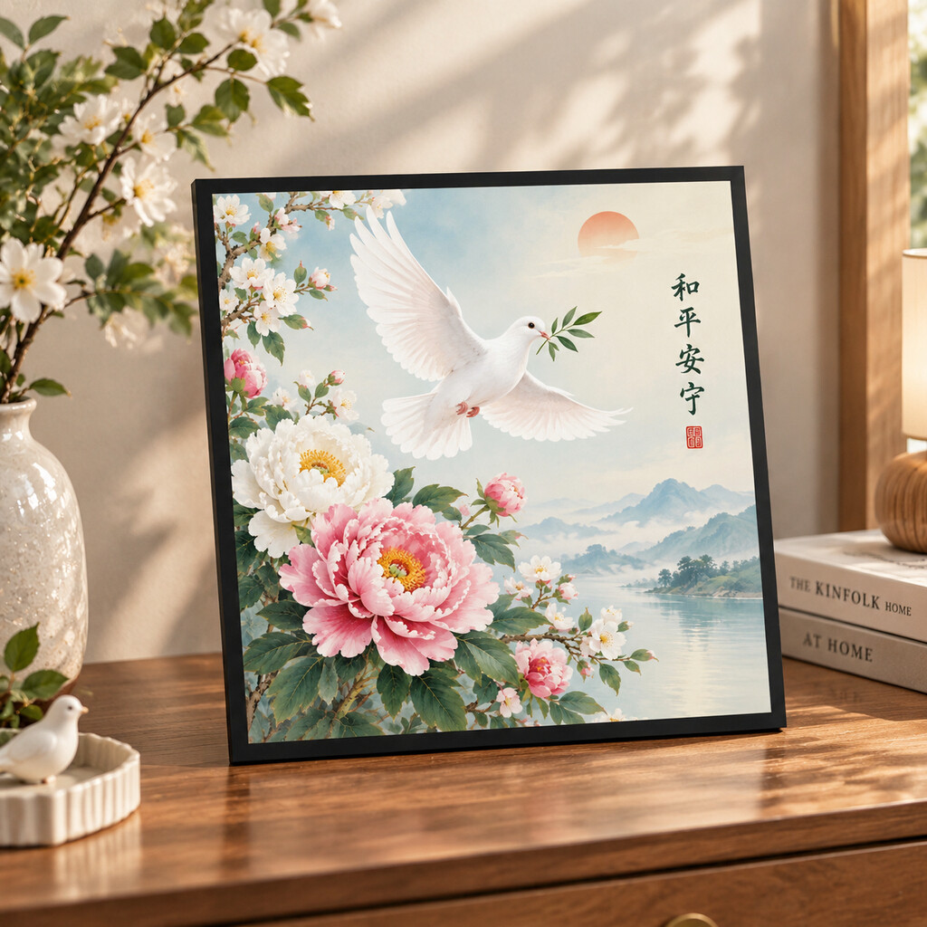 新中式和平鸽牡丹桌面装饰摆画客厅玄关和平安宁乔迁好礼居家软装