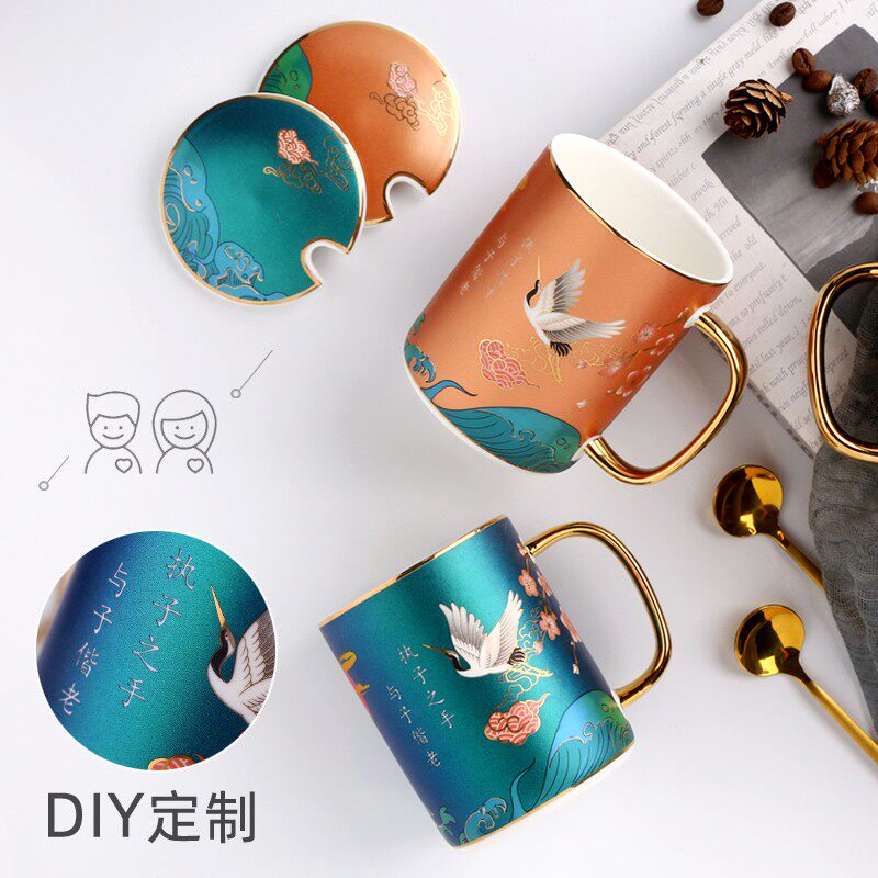 国潮DIY定制马克杯家用水杯创意情侣对杯办公室陶瓷杯茶杯带盖勺
