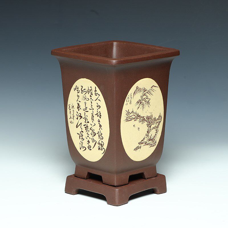 宜兴精品紫砂兰花盆带托盘陶瓷黄色高档室内花卉四方盆栽惠兰花盆