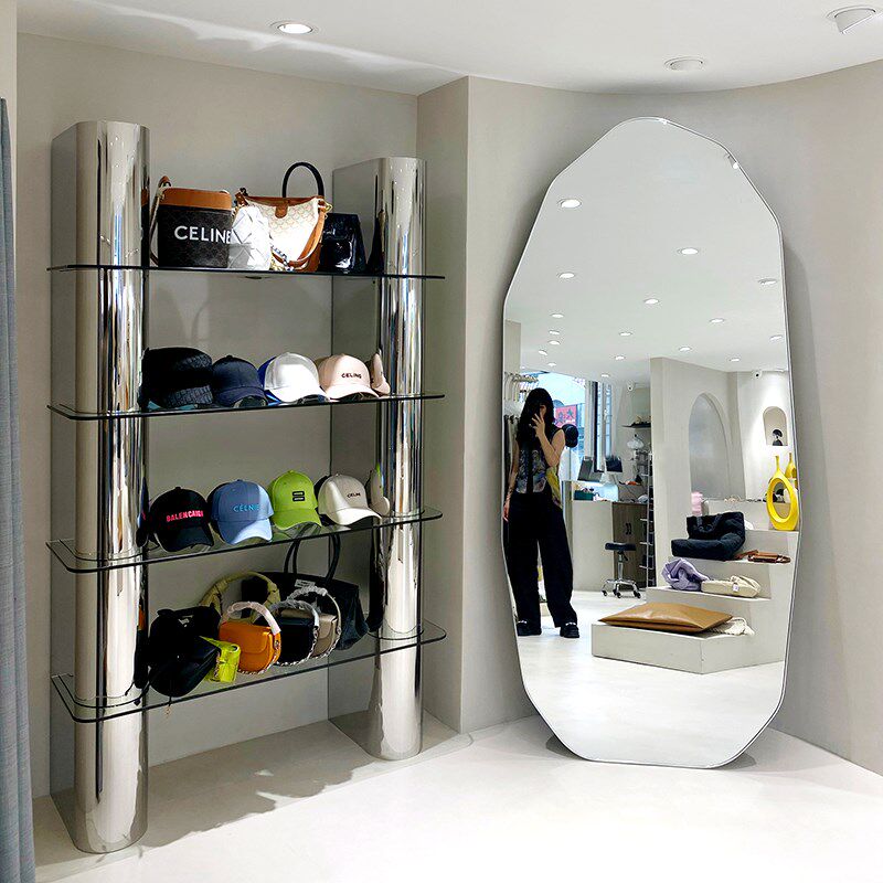 【上脚软】服装道具鞋包店陈列装饰品展示台桌子落地式玻璃货架不锈钢置物架