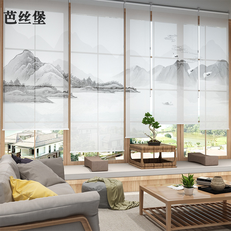 卷帘窗帘布艺垂帘软隔断帘中式办公室茶室悬挂式山水窗户遮光帘