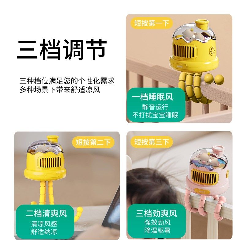 婴儿车风扇无叶可摇头可驱蚊八爪鱼静音电扇宝宝睡觉手持溜娃神器