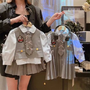2024洋气春秋季新款韩版女童学院风衬衣短裙套配长袖连衣裙姐妹款