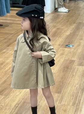2023秋季新款韩版女童裙摆式风衣纯色中长版防风外套娃娃上衣开衫