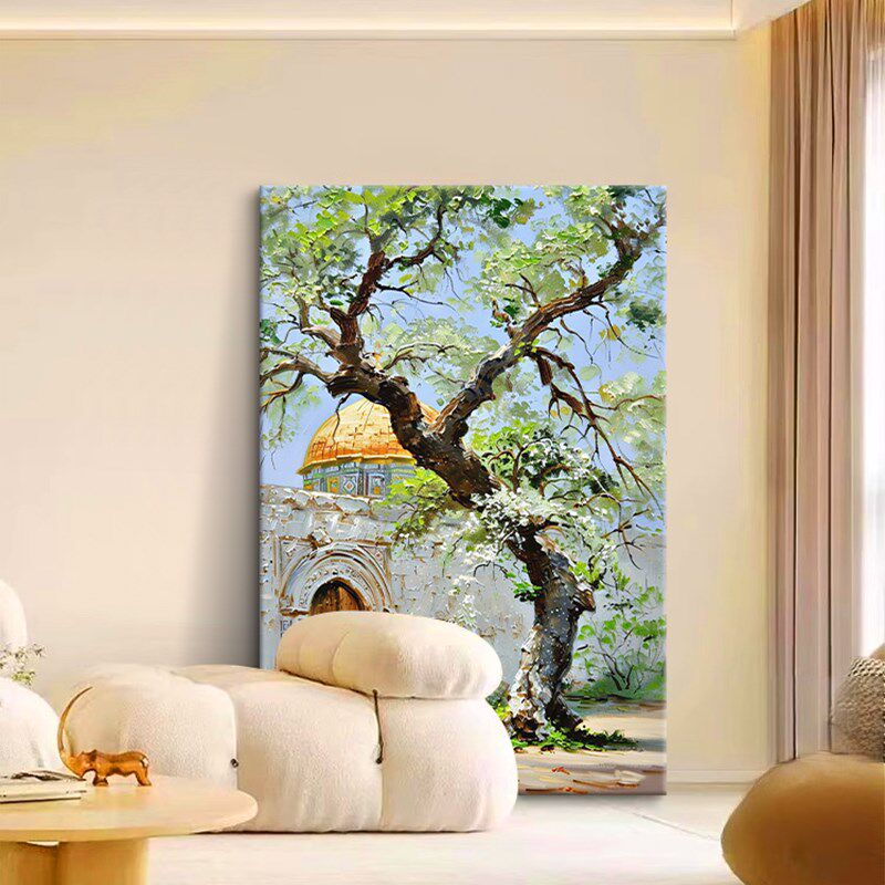 乡村田园风景纯手绘油画抽象垂柳树小屋客厅装饰画肌理感玄关挂画