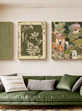 中古风客厅装饰画美式小众艺术沙发背景墙挂画三联壁画复古高级感