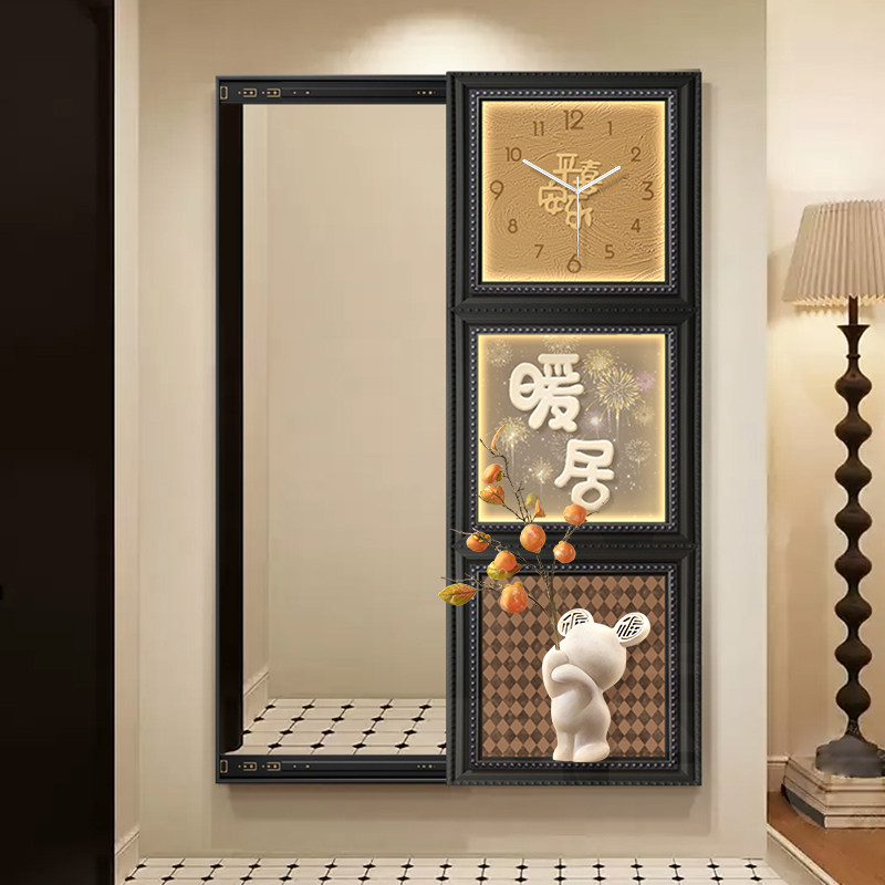 中古风入门玄关装饰画暗藏式全身镜壁画隐形推拉穿衣镜卧室挂画