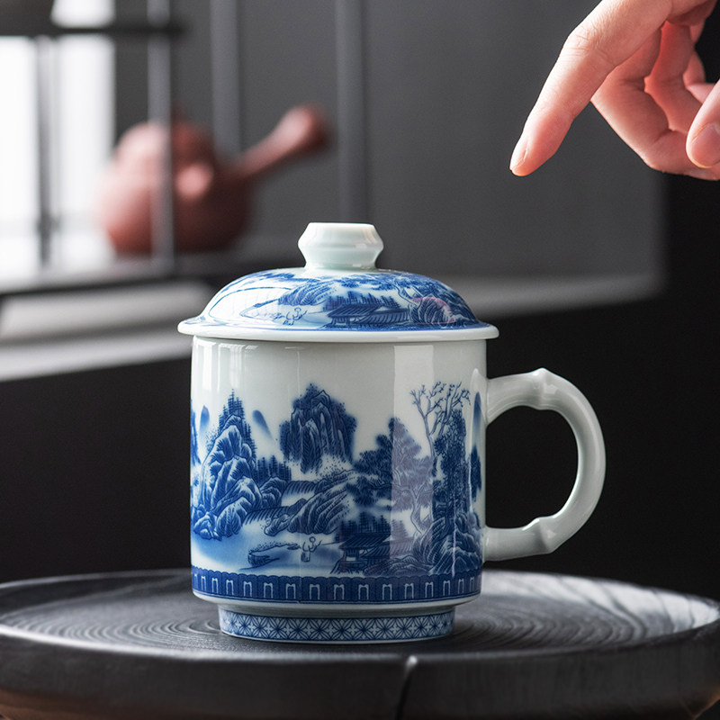 青花瓷水杯茶水分离带盖茶杯大手柄陶瓷家用个人马克杯茶具办公杯
