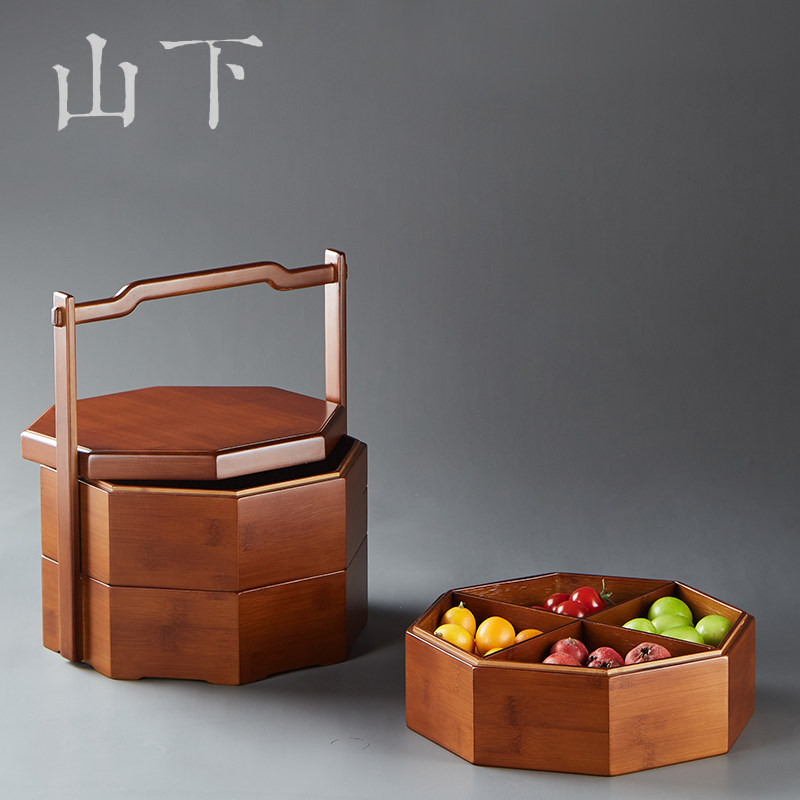 竹制双层食盒仿古三层提篮茶道茶器具收纳箱新中式竹提盒户外便携