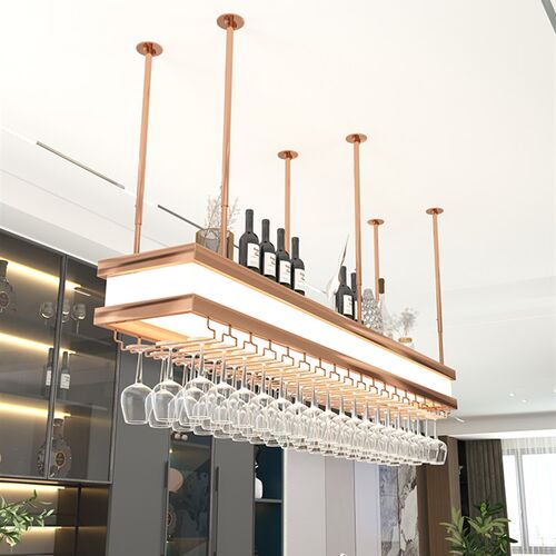 酒吧吊架悬挂高端发光酒杯架吧台酒架倒挂餐厅不锈钢高脚杯展示柜
