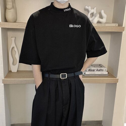 美发工作服定制t恤印logo小高领中袖小领口美发店助理工服定做潮