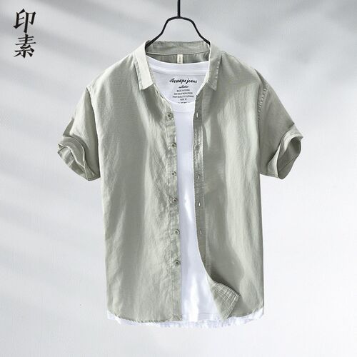 夏季亚麻薄款短袖衬衫男复古文艺2022新款棉麻男生纯色上衣衬衣
