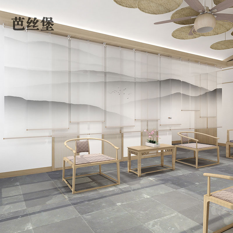 新中式卷帘窗帘布全遮光窗户茶室餐厅客厅软隔断升降办公室山水画