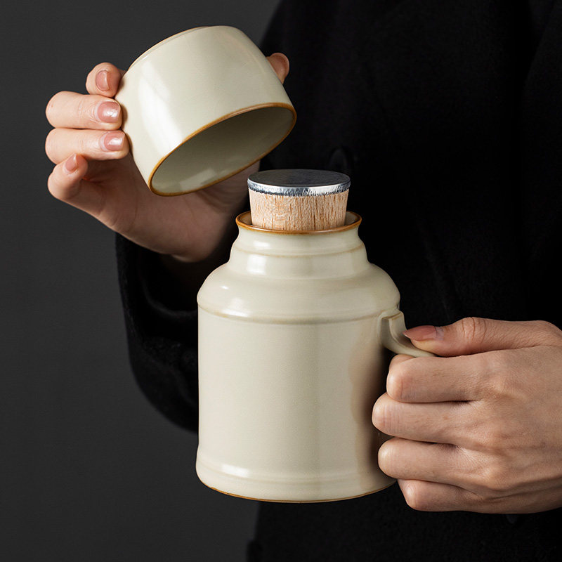 汝窑小暖壶杯子马克杯带盖中式陶瓷水杯定制保温瓶泡茶杯办公杯子