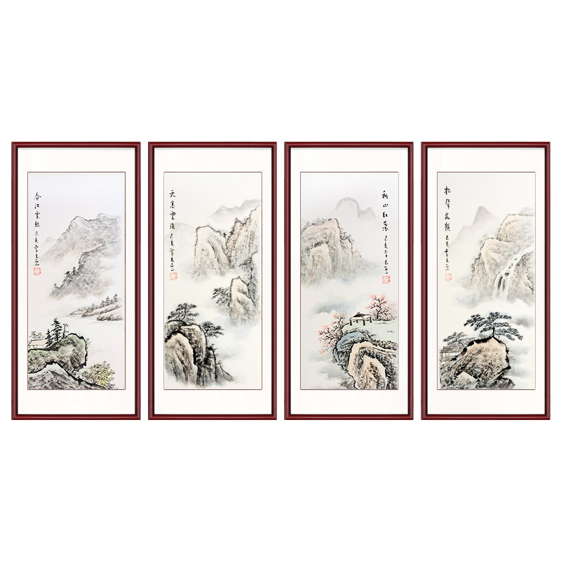 春夏秋冬四条屏国画山水画玄关客厅沙发背景墙餐厅壁画装饰挂画框