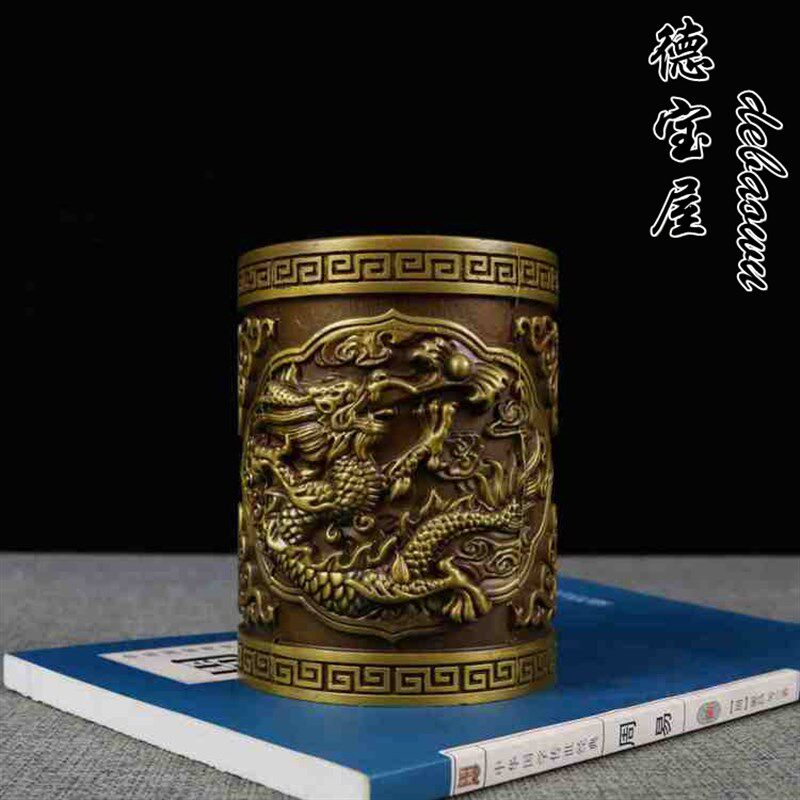 纯铜笔筒创意办公室桌面龙笔筒仿古做旧摆件纯铜龙吐珠笔筒收纳盒