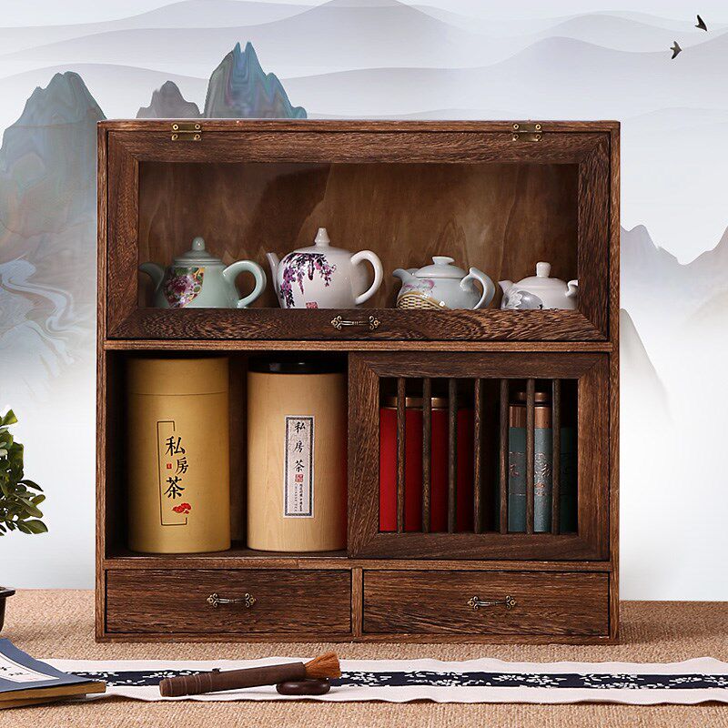 桌面置物架博古架实木茶具展示架防尘透明茶叶收纳柜茶架茶棚摆架