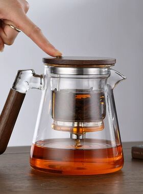 孟瀚飘逸杯全玻璃泡茶壶茶水分离耐高温花茶壶胡桃木侧把壶可明火
