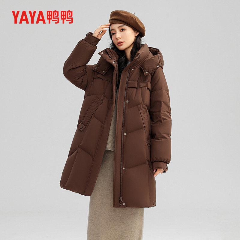 鸭鸭潮流羽绒服女长款连帽加厚保暖外套休闲百搭日常显瘦长袖上衣