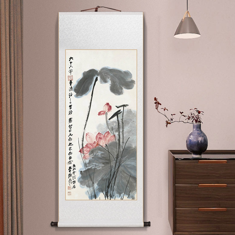 张大千金线荷花卷轴挂画中式客厅玄关装饰画茶室壁画字画装裱竖版